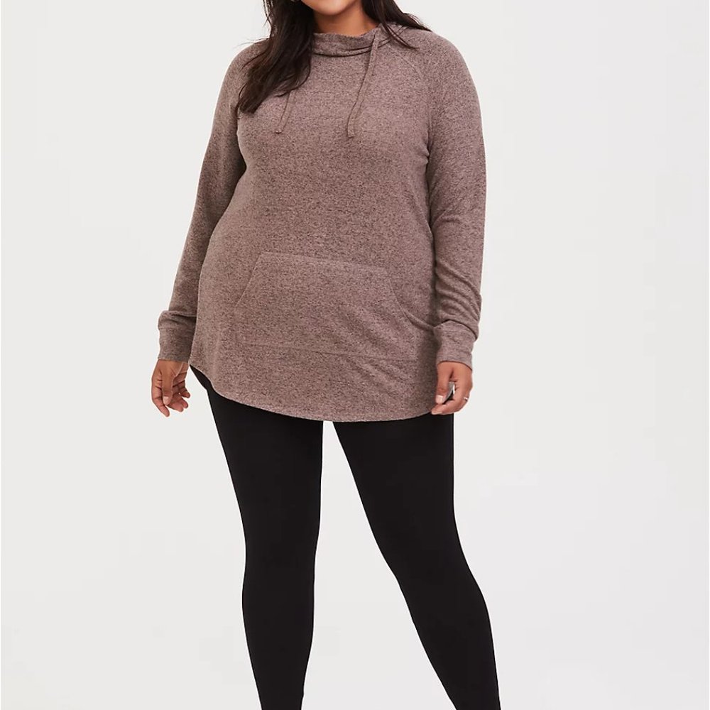 SUPER SOFT PLUSH TAUPE COWL NECK TUNIC HOODIE